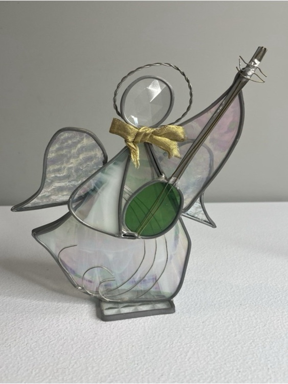 Iridescent Glass Angel Figurine with Green Accent and Gold Bow